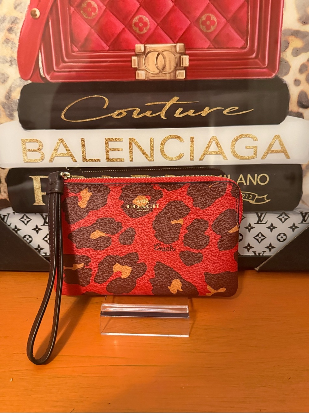 Coach Red Leopard Print Zip Around Wristlet EUC